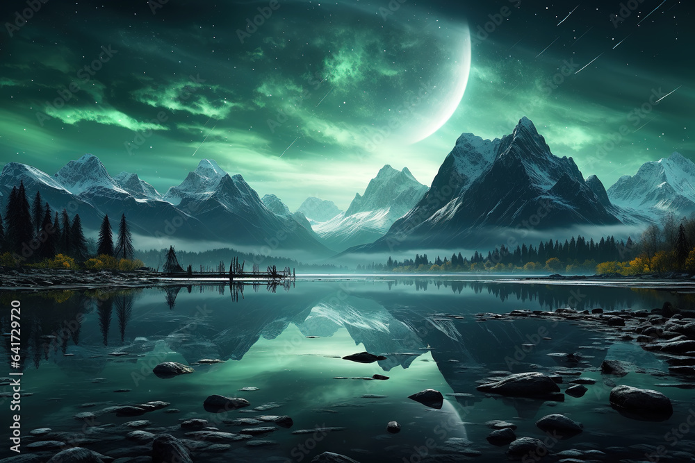   AI beautiful northern lights landscape in winter