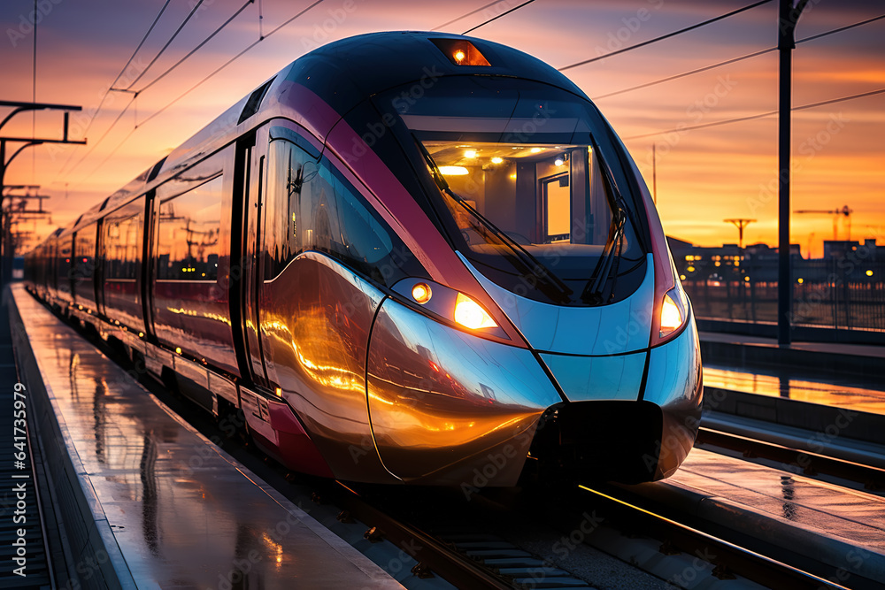 High speed train in motion on the railway station at sunset. Fast moving modern passenger train on r