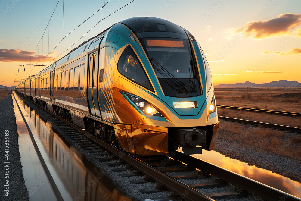 High speed train in motion on the railway station at sunset. Fast moving modern passenger train on r
