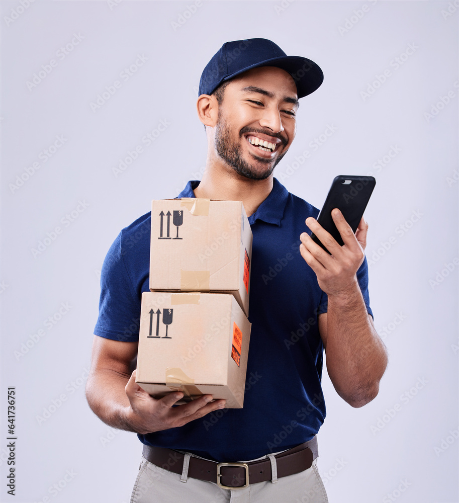 Phone, studio box and laughing delivery man reading online shopping, funny retail info or commercial