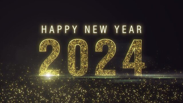 Spectacular Happy New Year 2024 golden glow particle loop animation with bokeh. Modern shimmering endless animation welcoming the new year. Holiday banner concept for eve, or party
