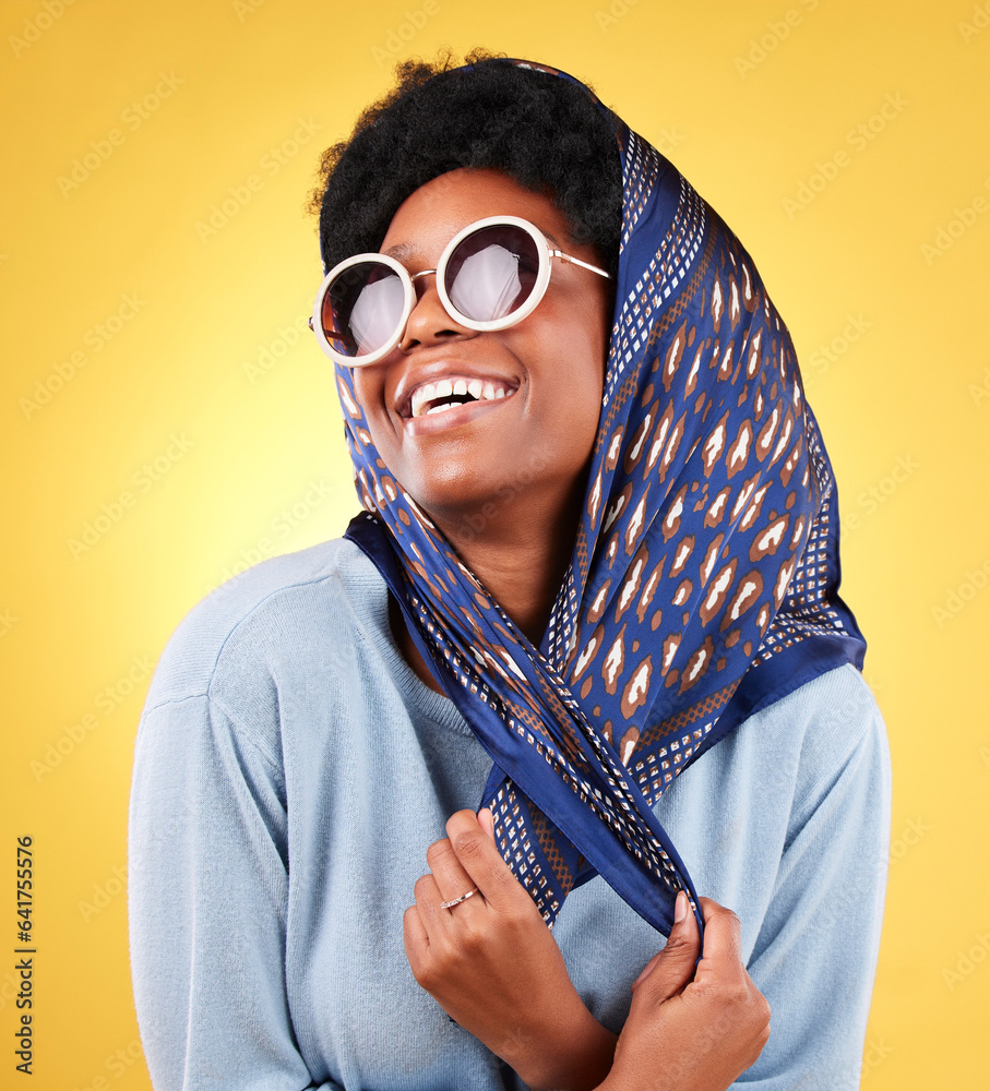 Fashion, laughing and sunglasses with face of black woman in studio for vintage, trendy and beauty. 