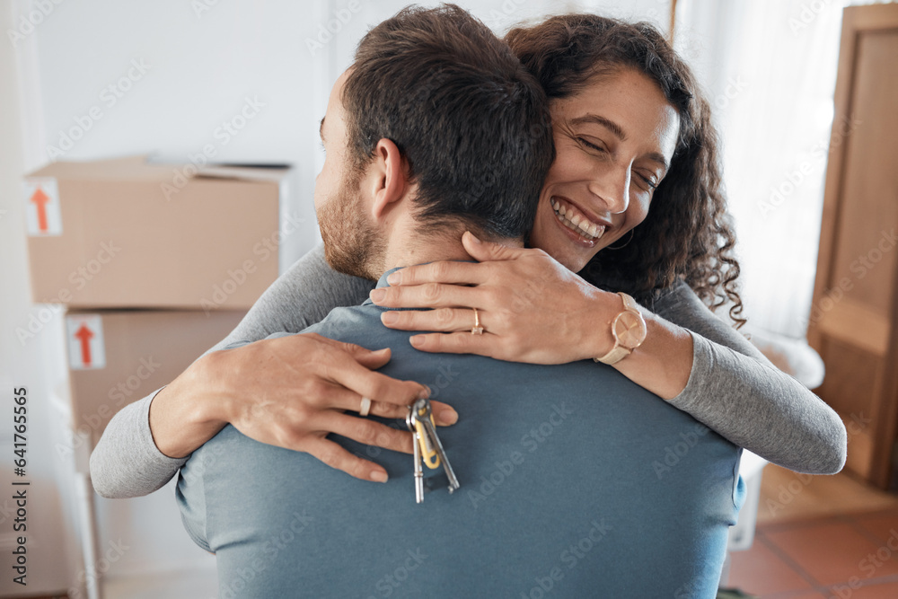 House keys, success or happy couple hug in real estate, property investment or buying apartment. New