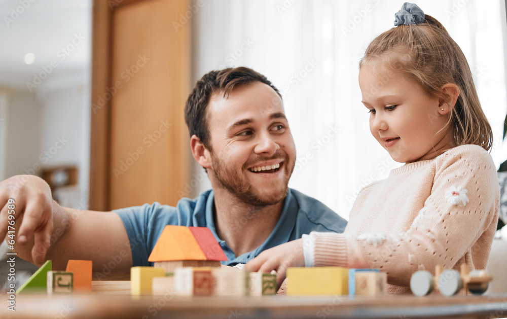 Building blocks, toys and girl with happy dad playing in living room for education, development and 