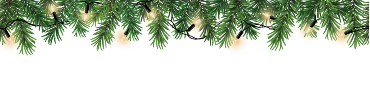 无缝装饰性的圣诞边框，带有针叶树枝和圣诞灯花环，背景透明；