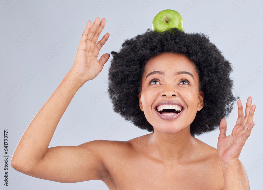 Apple balance, black woman and health with diet and natural skincare glow in studio. Happy, excited 