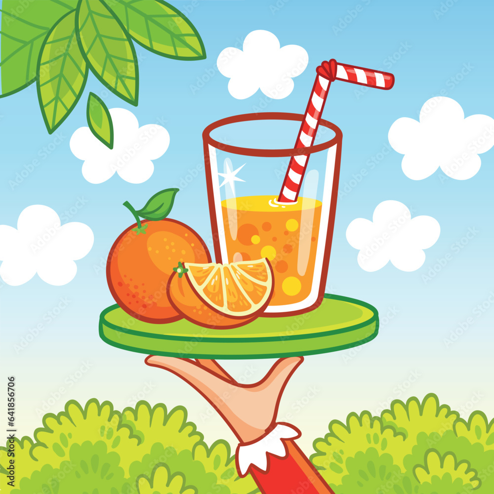 Tray with orange juice in a glass in nature. Vector illustration with a drink
