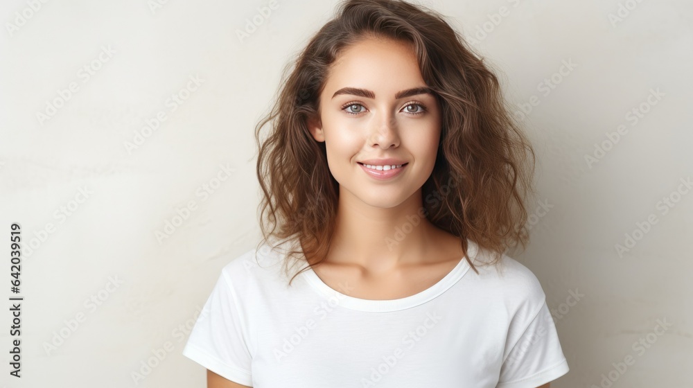 Tranquil Beauty: A Serene Young Woman Embracing Serenity in a Brightly Lit Room with a Clean White W
