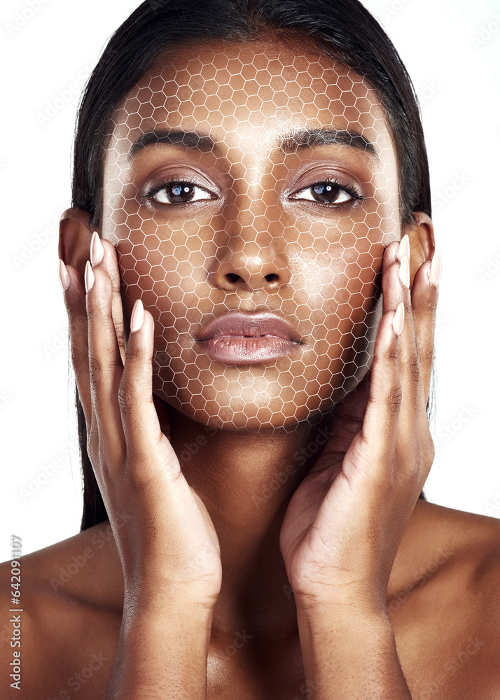 Portrait, beauty and digital transformation for skincare with a woman in studio isolated on white ba