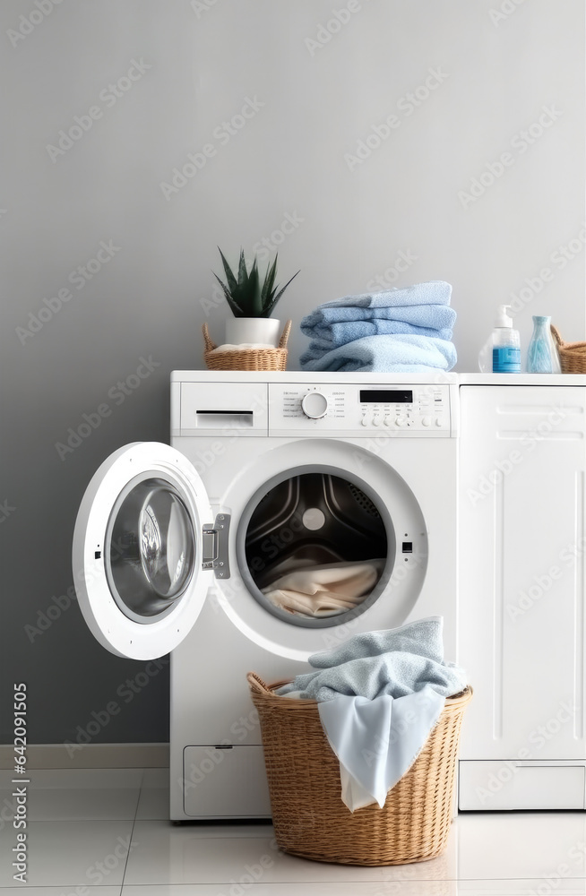 Modern bathroom with washing machine at home, Basket with dirty laundry.