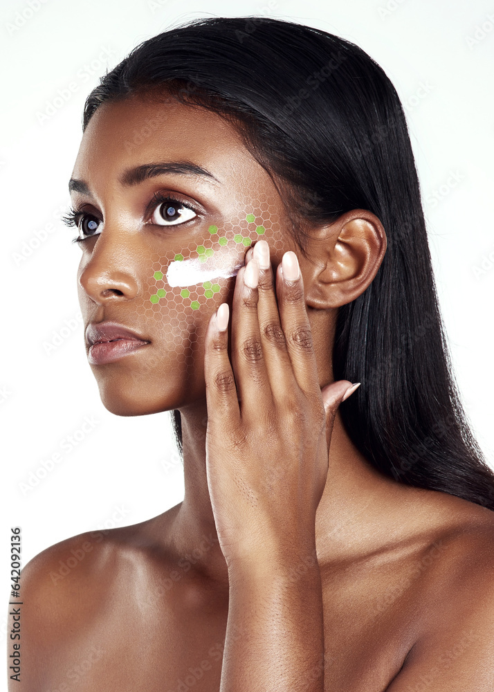 Cream formula, skincare and a woman on a white background for futuristic wellness and dermatology. M