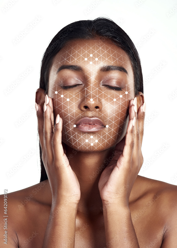 Beauty, technology and facial recognition for skincare with a woman in studio isolated on white back