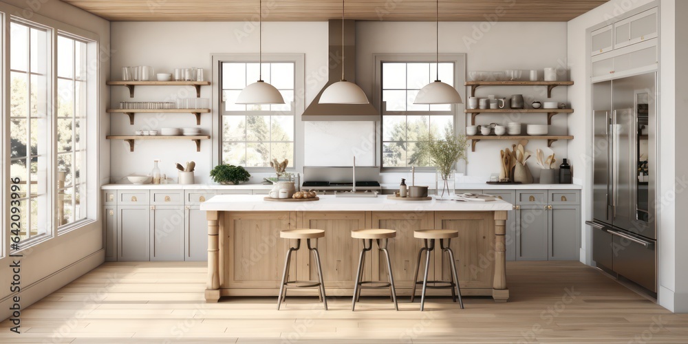 Interior design or bright white modern kitchen, fresh vegetables fruit wooden table, empty renovated