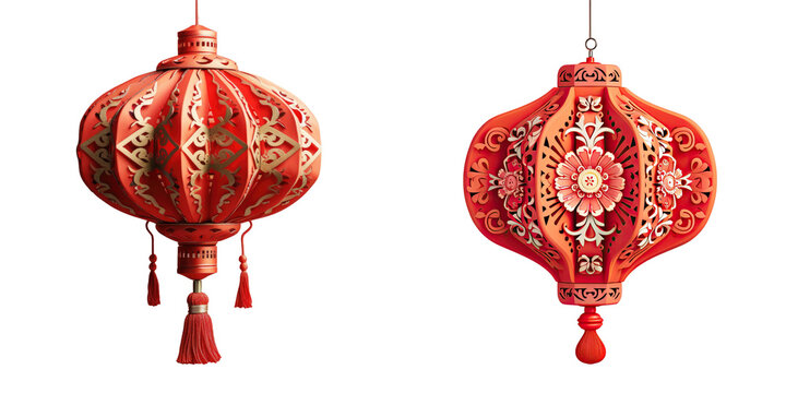 transparent background with red Chinese lantern made of paper
