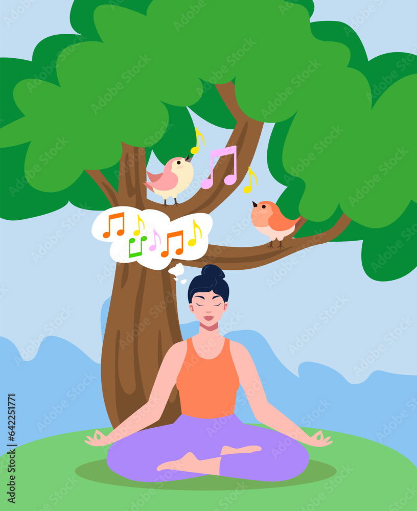 Woman in meditation pose near tree, she enjoying birds chirping, practice mindfulness. Vector illust