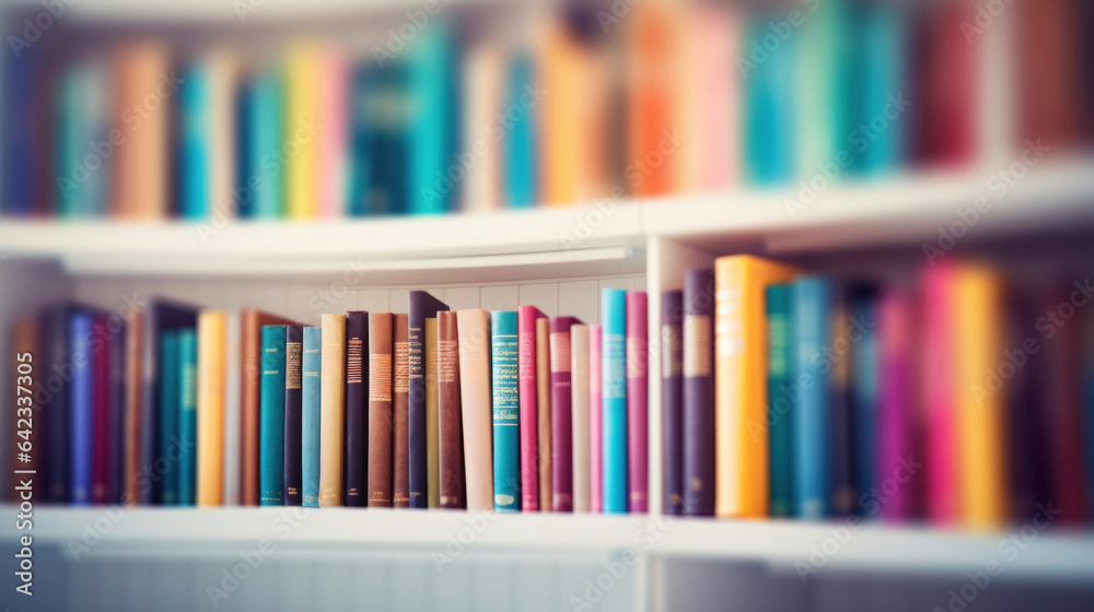 Abstract background with books on the shelves in the library with soft pastel multicolored light