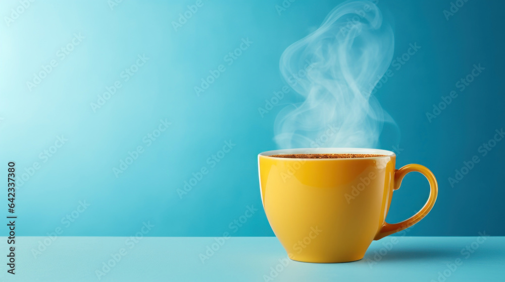 Yellow hot cup of coffee with smoke on pastel blue background, copy space
