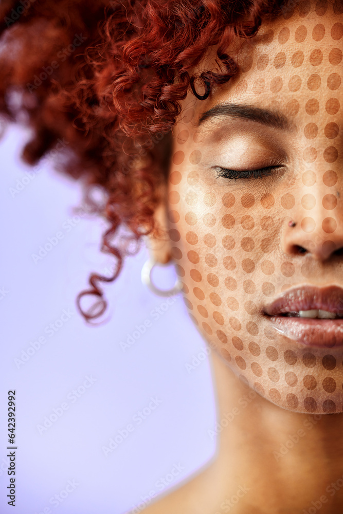 Skincare, technology and a facial recognition for beauty with a woman on a purple background in stud