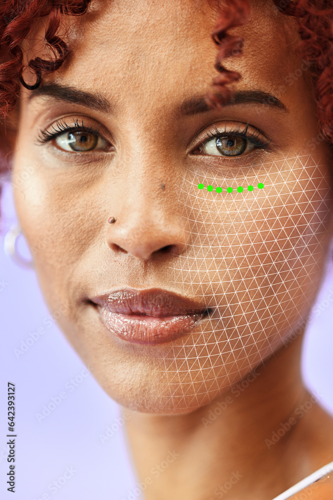 Skincare, facial recognition and rendering for beauty with a woman on a purple background in studio.