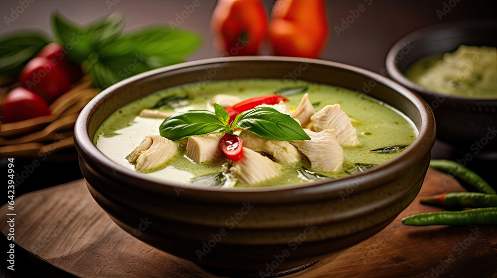Thai food, Green curry chicken with coconut curry on the wooden floor background. Generative Ai