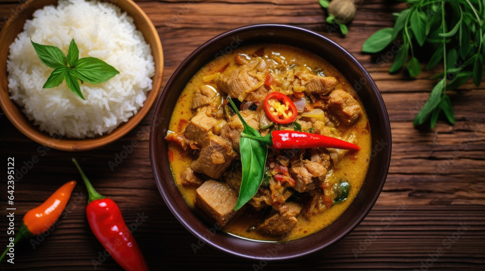 Top view of Spicy thai curry with pork meat serving with rice and decorating with herbal vegetable i