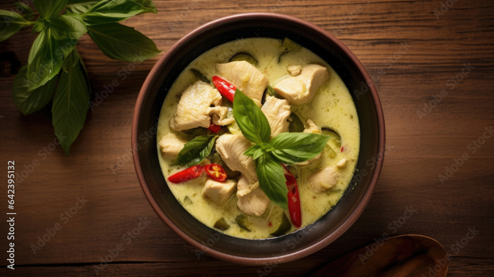 Top view of  Green curry chicken on the wooden floor background. Thai food. Generative Ai