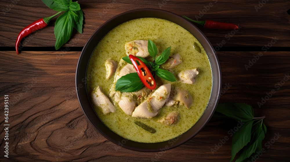 Top view of  Green curry chicken on the wooden floor background. Thai food. Generative Ai