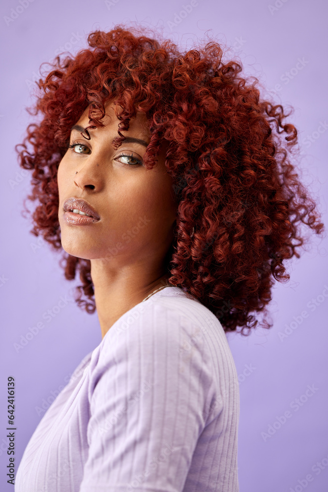 Hair, portrait and woman in studio for beauty, wellness or texture treatment on purple background sp