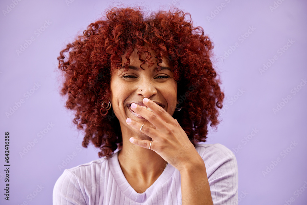 Hair, happy and portrait of woman laughing in studio for red, dye or afro makeover on purple backgro