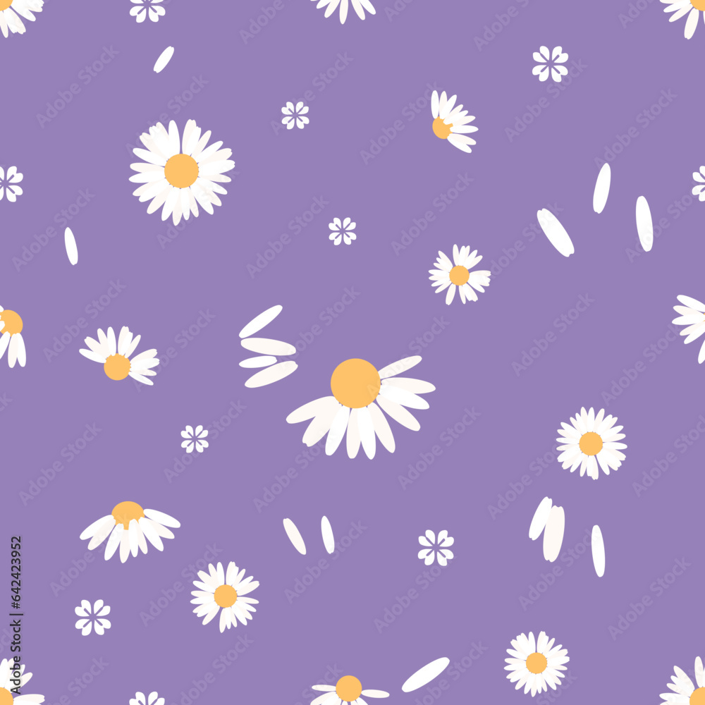 Seamless pattern with daisy flower on purple background vector.