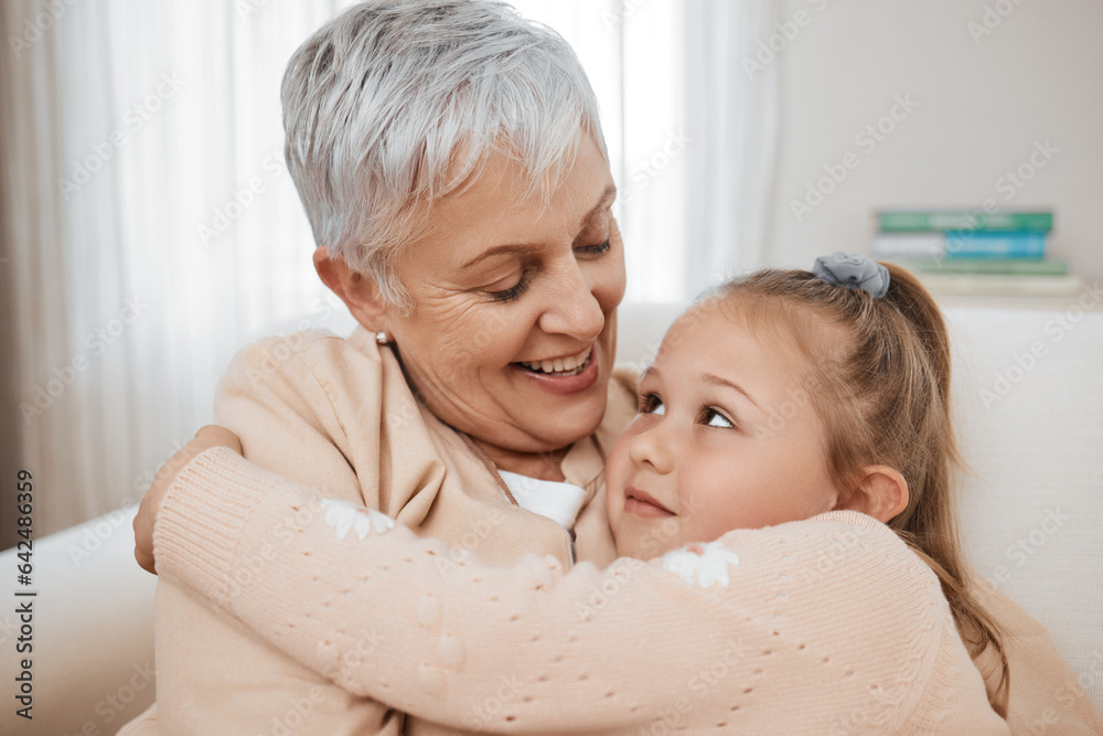 Love, couch, and child hug grandmother in a home for bonding, care and relax together for travel or 