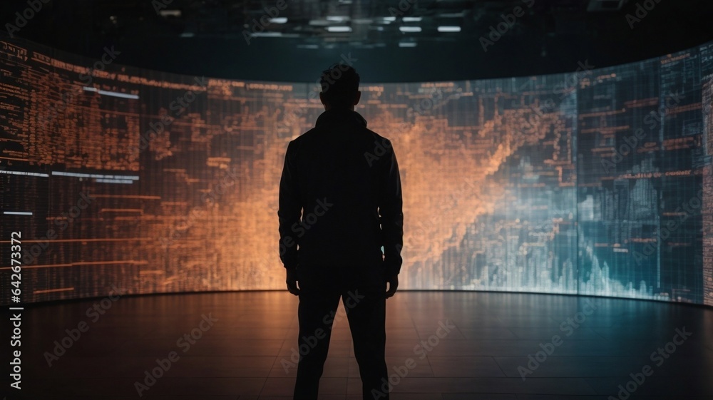 Silhouette of Person Confronting Cyber Threats on Giant Digital Screen