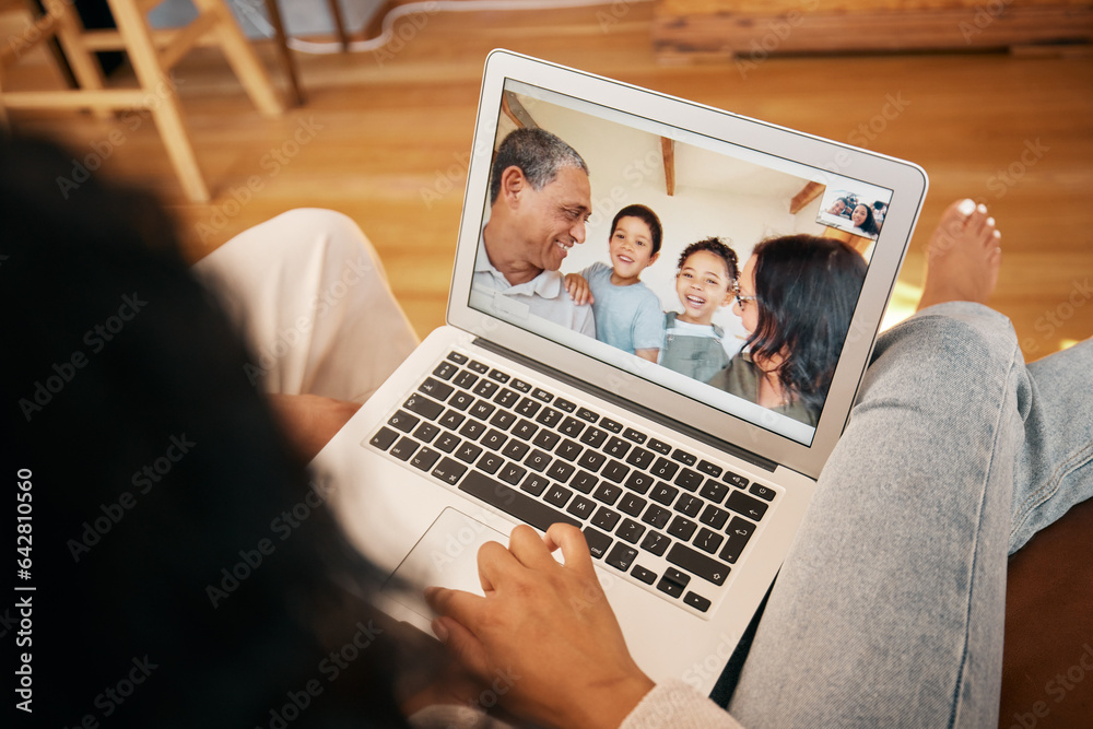 Video call, laptop screen and relax with face of family for communication, contact or connection. Ha