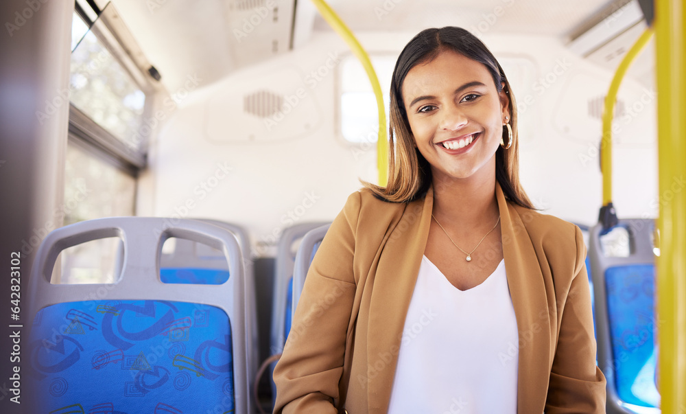 Woman on a bus, transport and travel with portrait, commute to work or university in city with traff