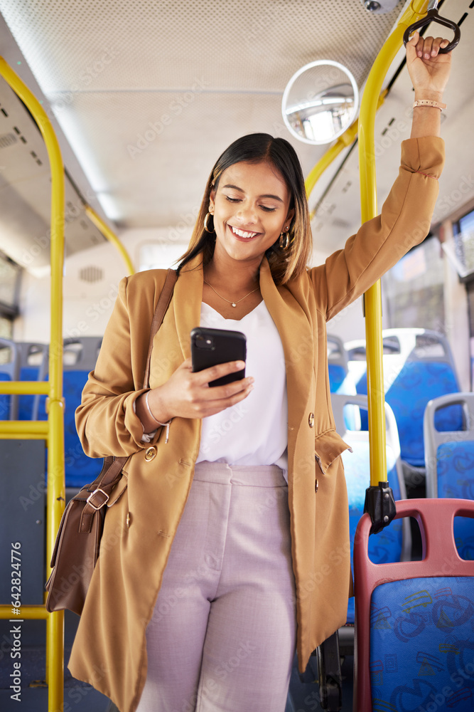 Bus, happy woman and phone with public transport, social media scroll and smile with business commut