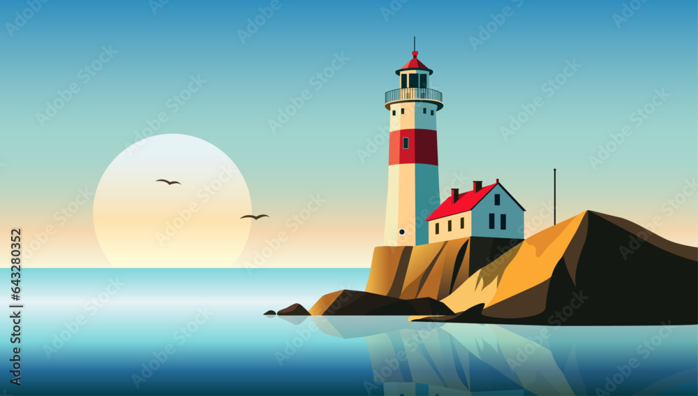 Lighthouse and sea background vector illustration with beautiful seaside horizon in tranquil scene w