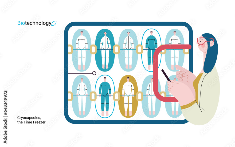 Bio Technology, Cryocapsule Time Freezer -modern flat vector concept illustration of futuristic cryo