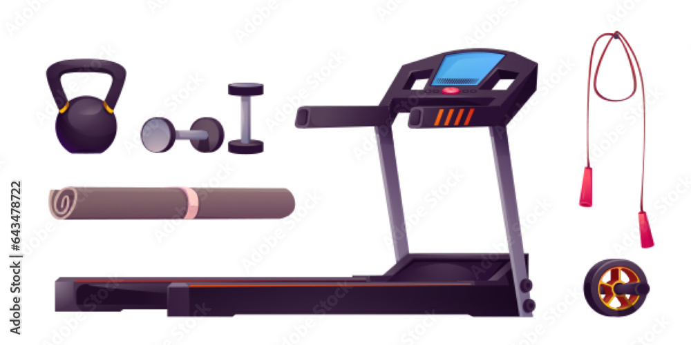 Sports equipment set for workout in gym isolated on white background. Vector illustration of treadmi