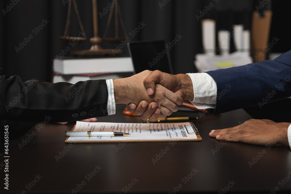 A professional lawyer shakes hands to congratulate a businessman after discussing a business contrac