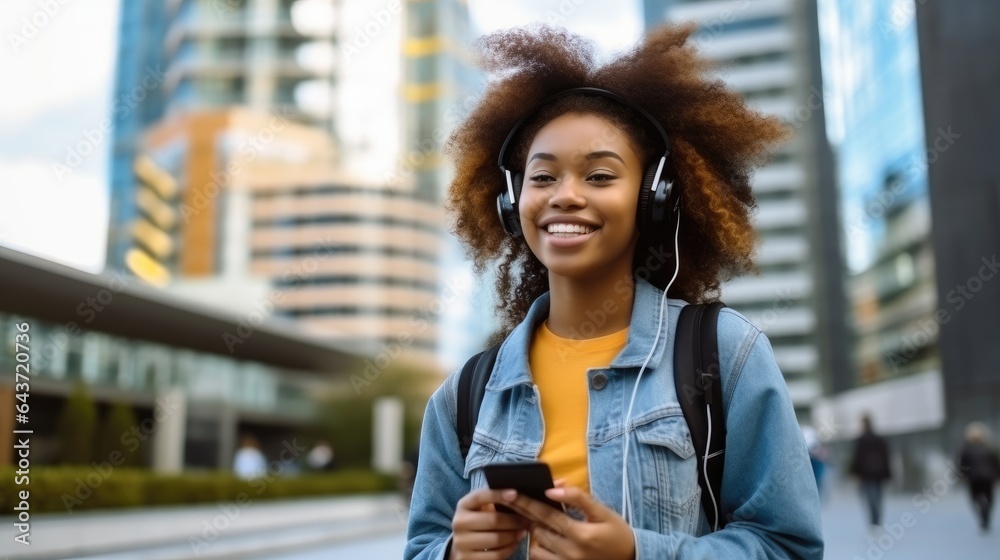 Black student girl wearing headset and using mobile smartphone while walking at college building out