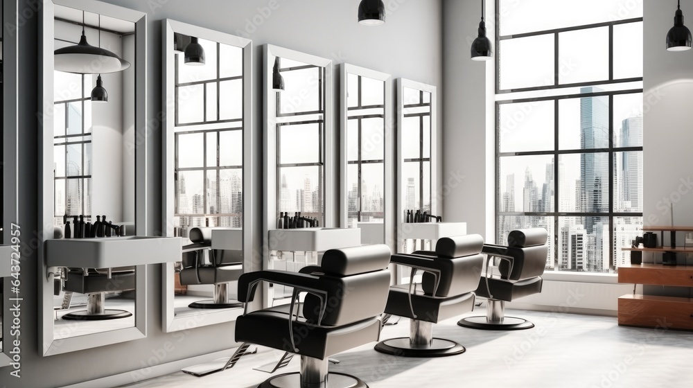 Hair salon, Modern barber shop with barber chairs and mirrors.