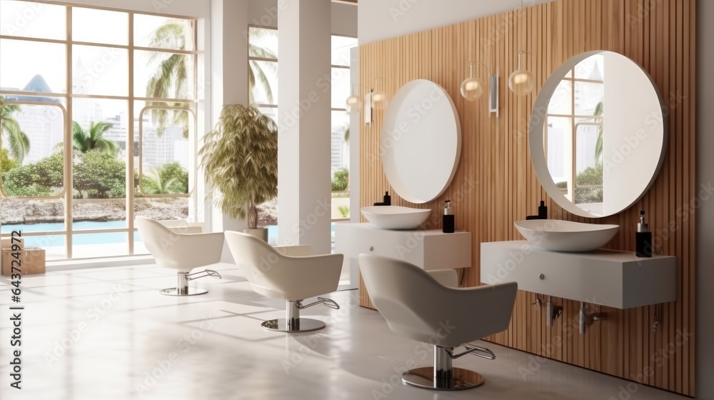 Luxury hairdressing and beauty salon with chairs and Mirrors.