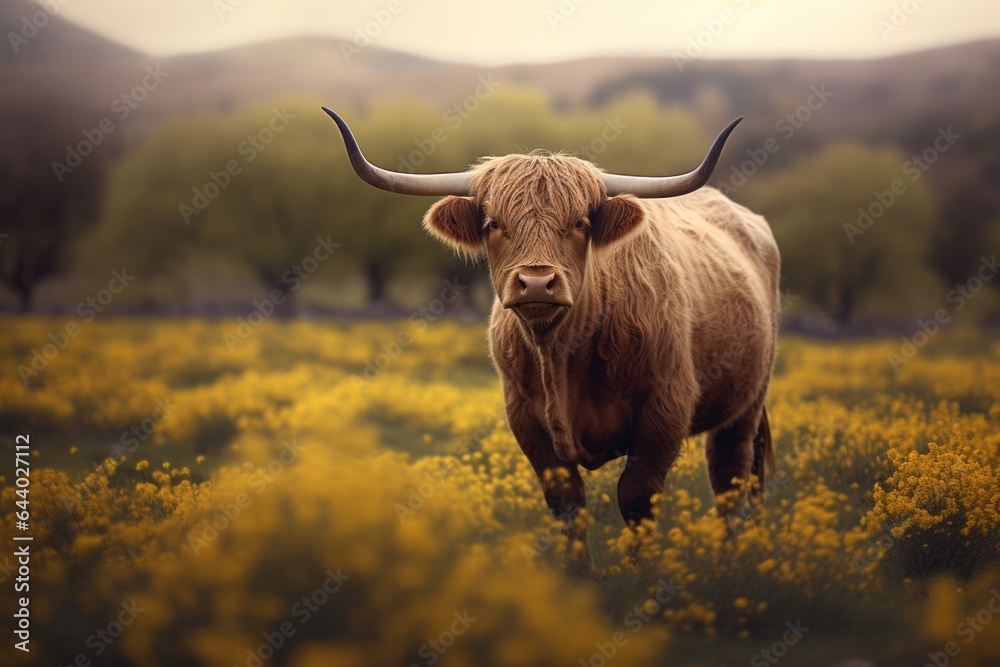 highland cattle cow standing in a field with yellow flowers