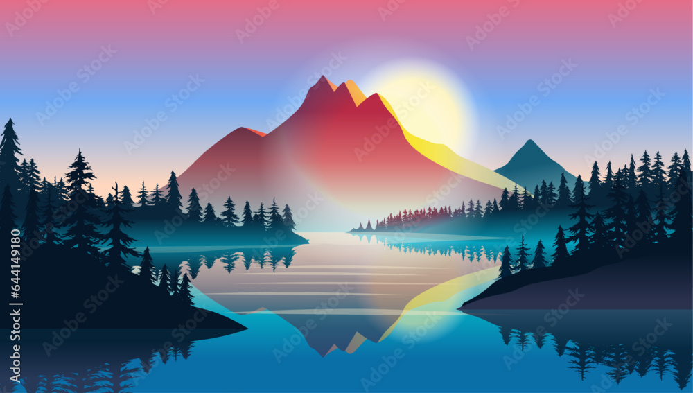 Mountain in tranquil landscape - Vector nature background with calm water, trees and mountaintop at 