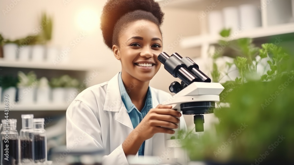 Portrait of Science woman with microscope are research for agriculture at laboratory, Sustainability