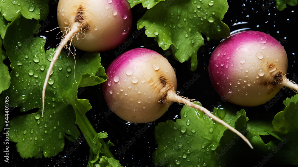 Fresh turnips with water drops background. Vegetables backdrop. Generative AI