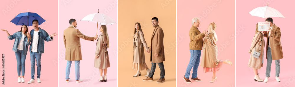 Group of stylish young couples in autumn clothes on color background