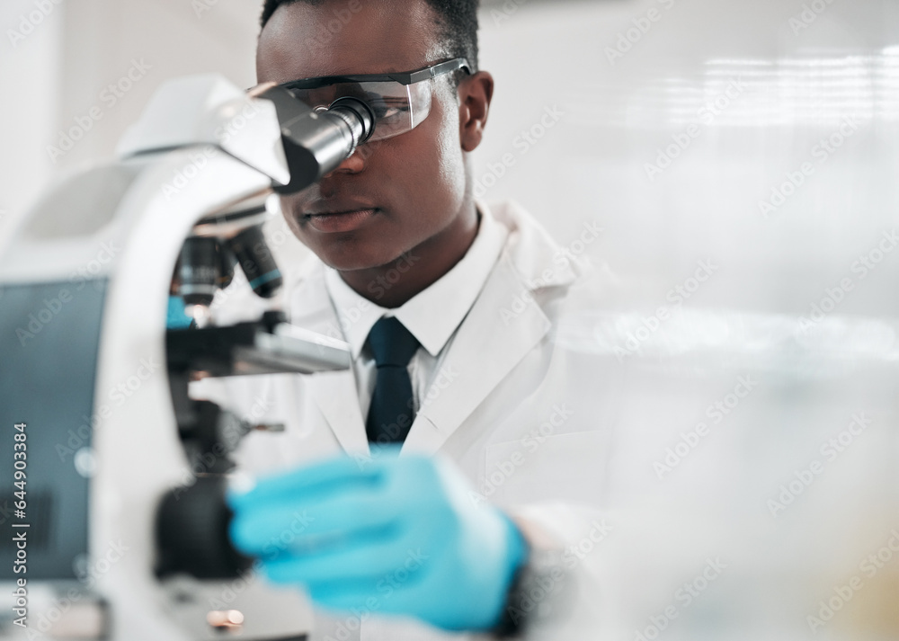 Microscope, black man and chemistry with research, medical and experiment with biotechnology. Africa