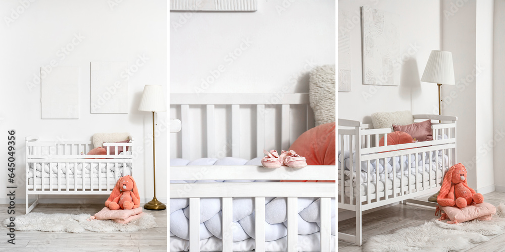 Collage of light childrens bedroom with cozy baby crib