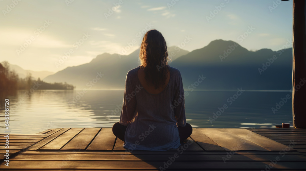 Young girl practice yoga on wooden pier with a view on lake and beautiful landscape. Generative AI